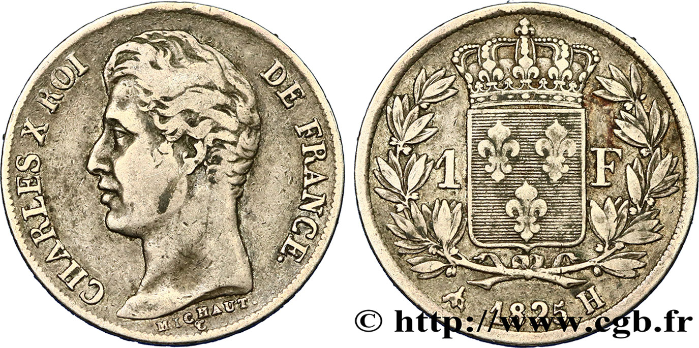 1 franc Charles X, matrice du revers à cinq feuilles 1825 La Rochelle F.207/5 TB25 