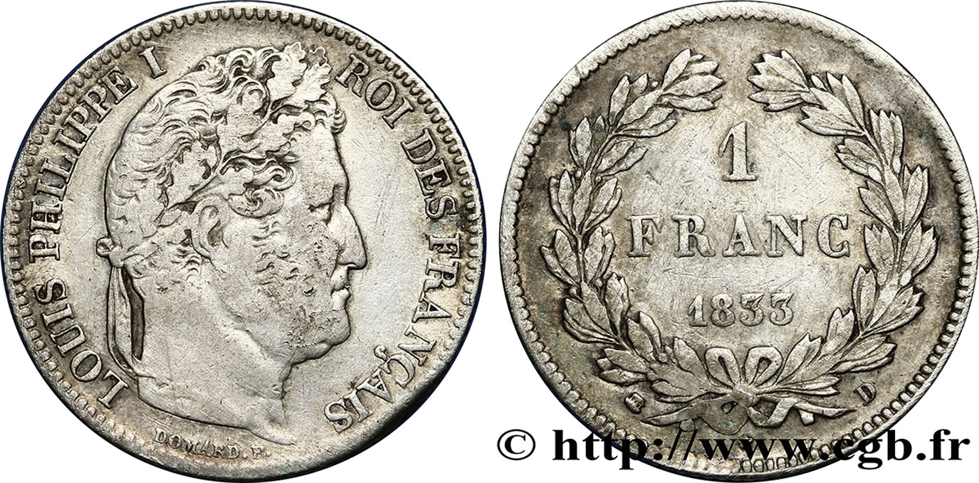 1 franc Louis-Philippe, couronne de chêne 1833 Lyon F.210/17 S 