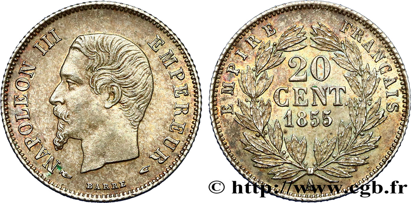 20 centimes Napoléon III, tête nue 1855 Paris F.148/3 EBC60 