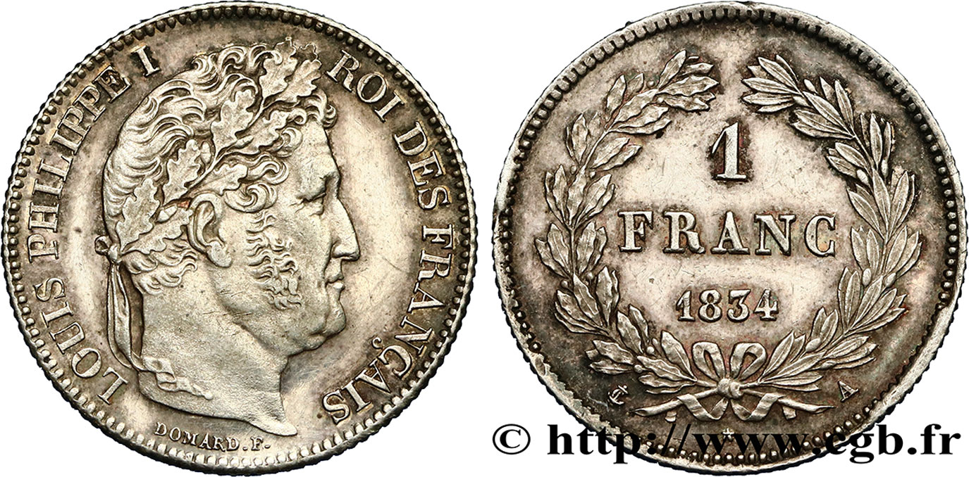 1 franc Louis-Philippe, couronne de chêne 1834 Paris F.210/27 MBC52 