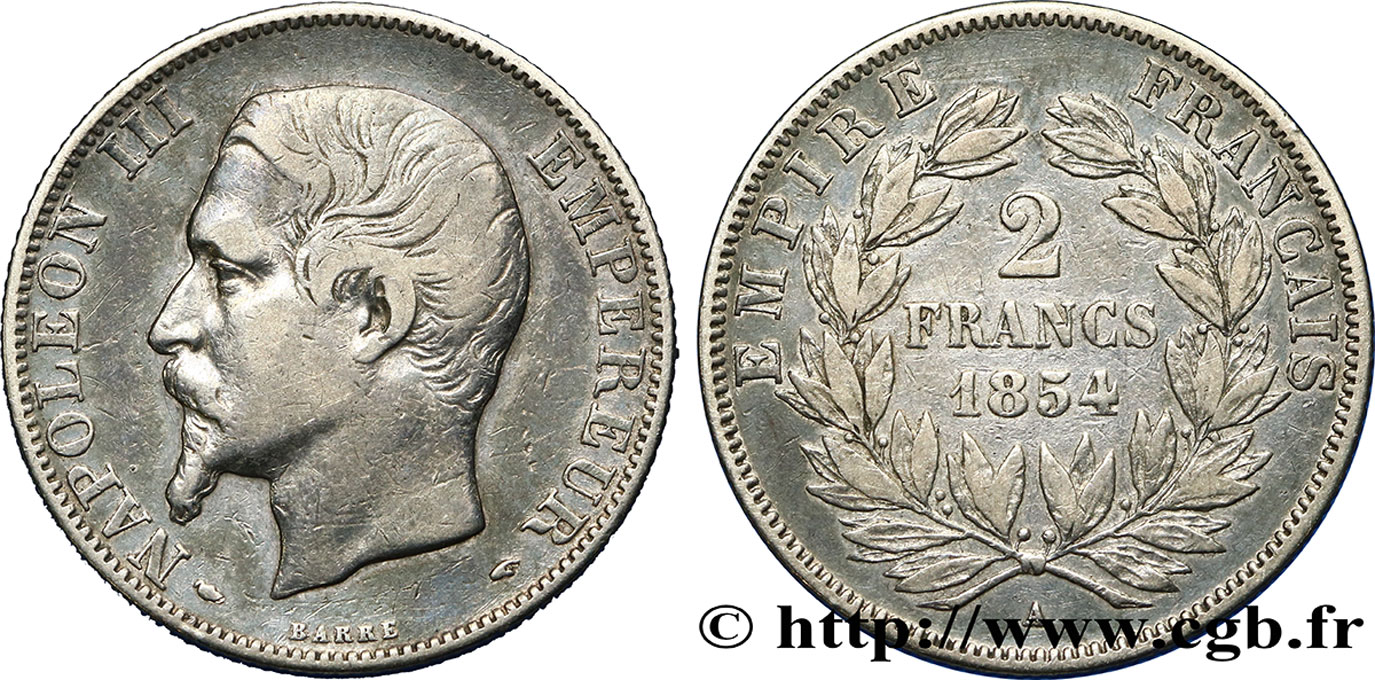 2 francs Napoléon III, tête nue 1854 Paris F.262/2 VF35 