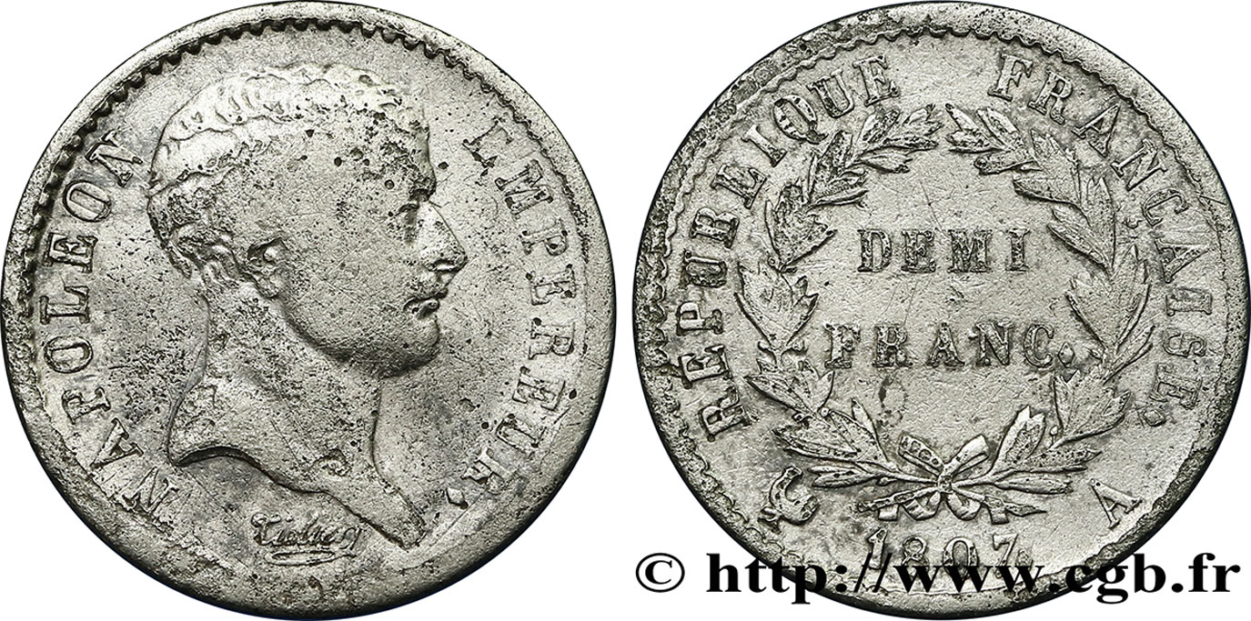 Demi-franc Napoléon Empereur, tête de nègre 1807 Paris F.176/1 MB 