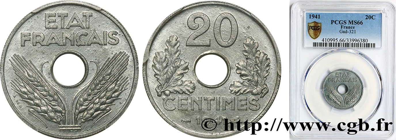 20 centimes État français, lourde 1941  F.153/2 MS66 PCGS