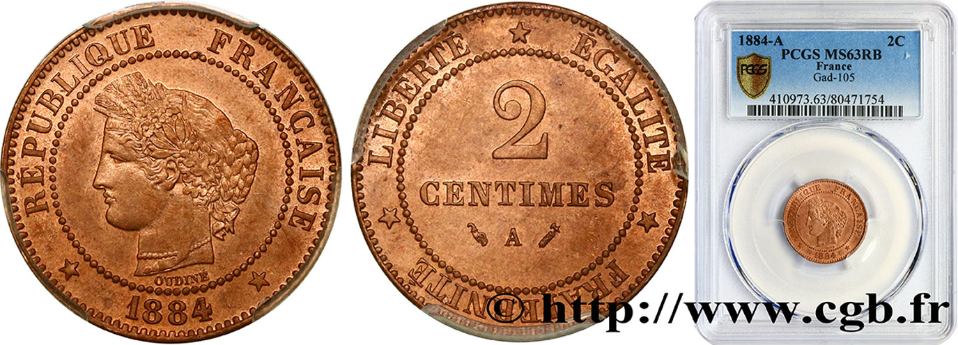 2 centimes Cérès 1884 Paris F.109/9 SPL63 PCGS
