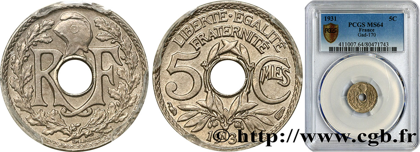 5 centimes Lindauer, petit module 1931 Paris F.122/14 MS64 PCGS