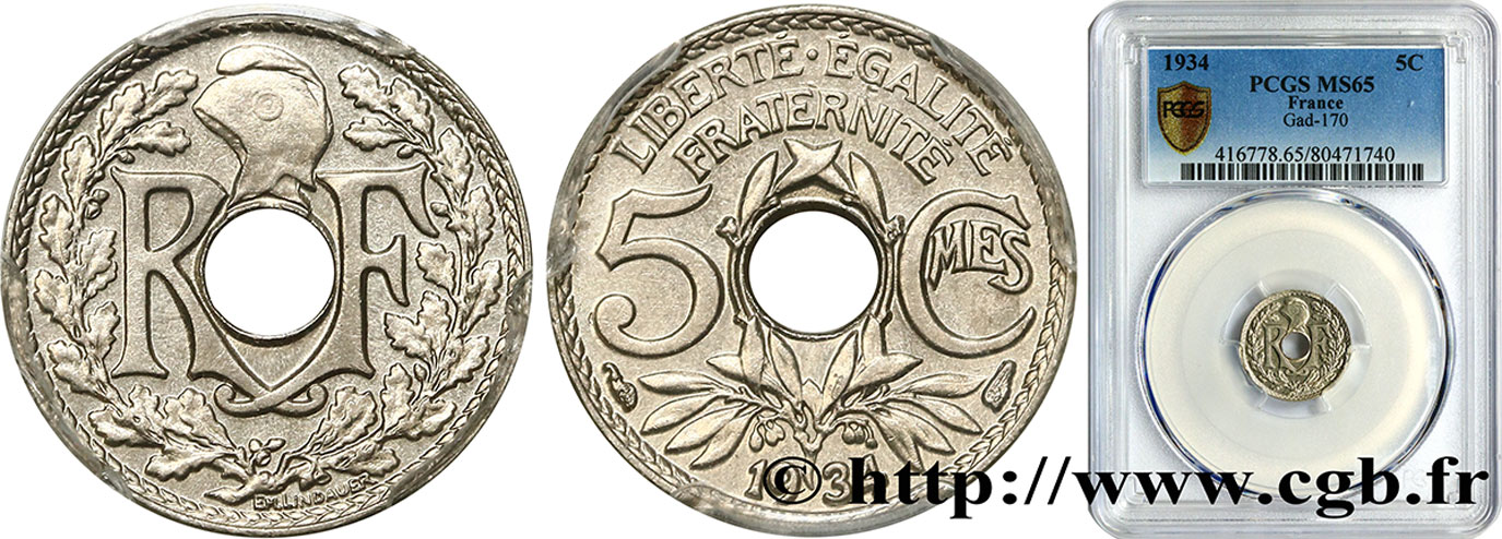 5 centimes Lindauer, petit module 1934 Paris F.122/17 ST65 PCGS