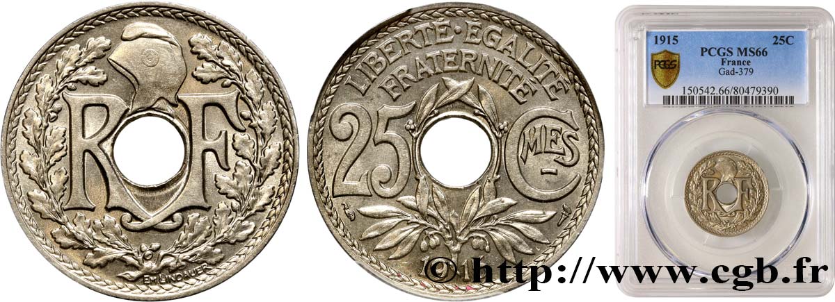 25 centimes Lindauer, Cmes souligné 1915  F.170/3 ST66 PCGS