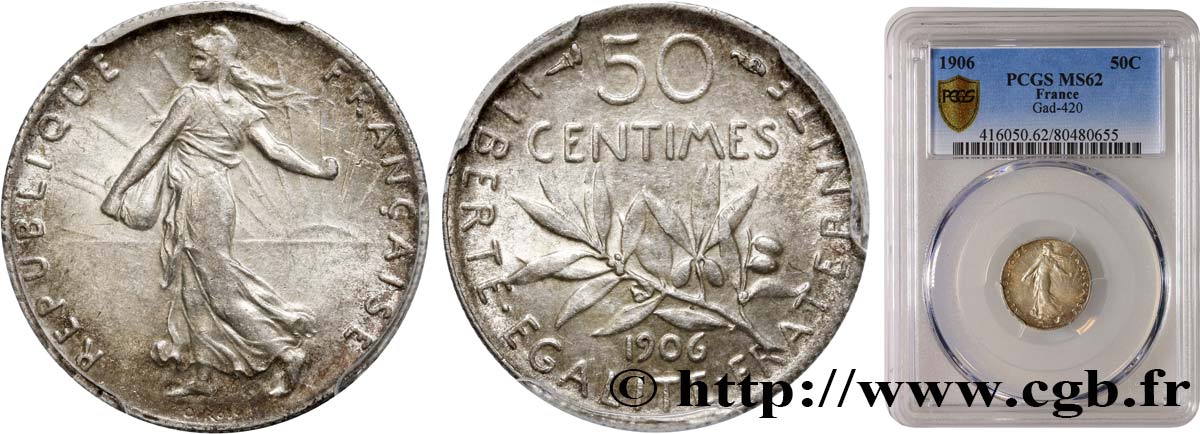50 centimes Semeuse 1906 Paris F.190/13 MS62 PCGS