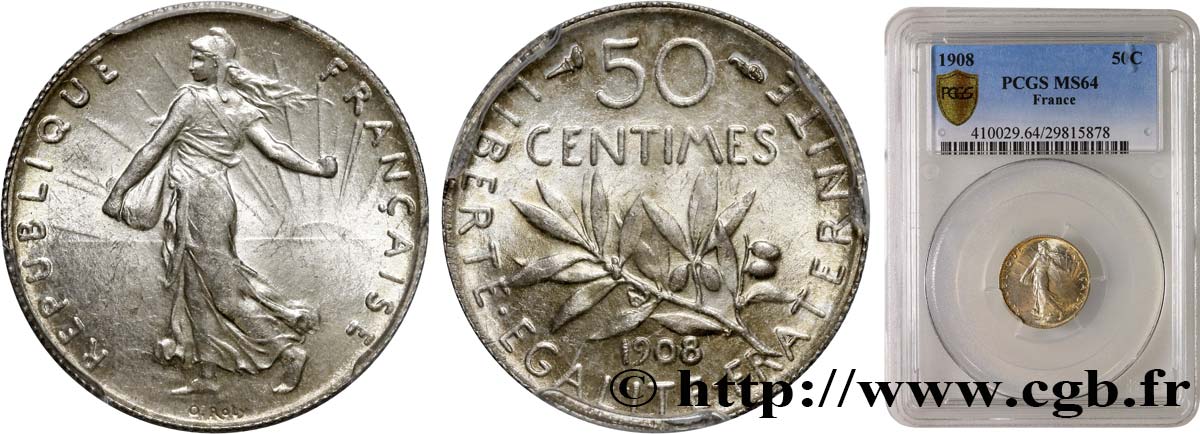 50 centimes Semeuse 1908 Paris F.190/15 SC64 PCGS