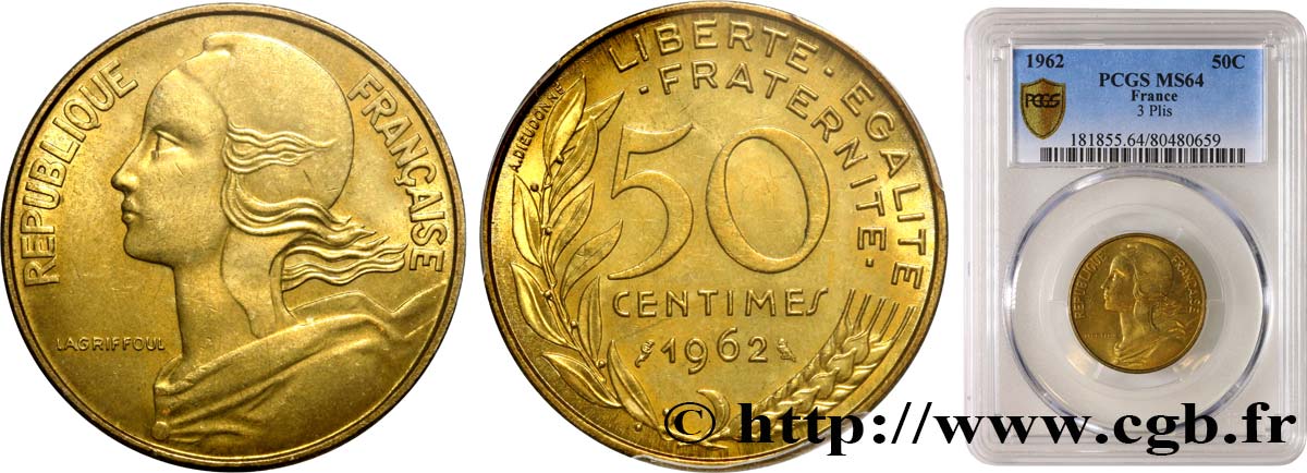 50 centimes Marianne, col à trois plis 1962 Paris F.197/2 MS64 PCGS