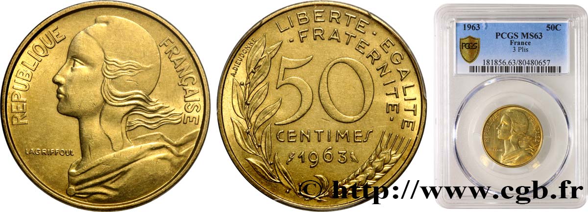 50 centimes Marianne, col à trois plis 1963 Paris F.197/4 fST63 PCGS