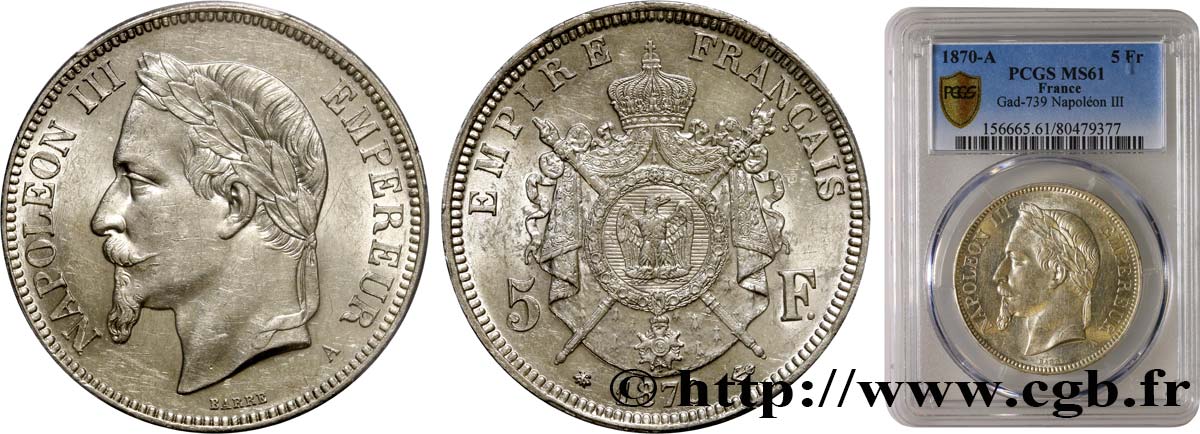 5 francs Napoléon III tête laurée 1870 Paris F.331/16 MS61 PCGS