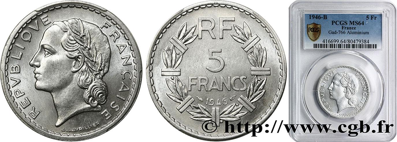 5 francs Lavrillier, aluminium 1946 Beaumont-Le-Roger F.339/7 SC64 PCGS