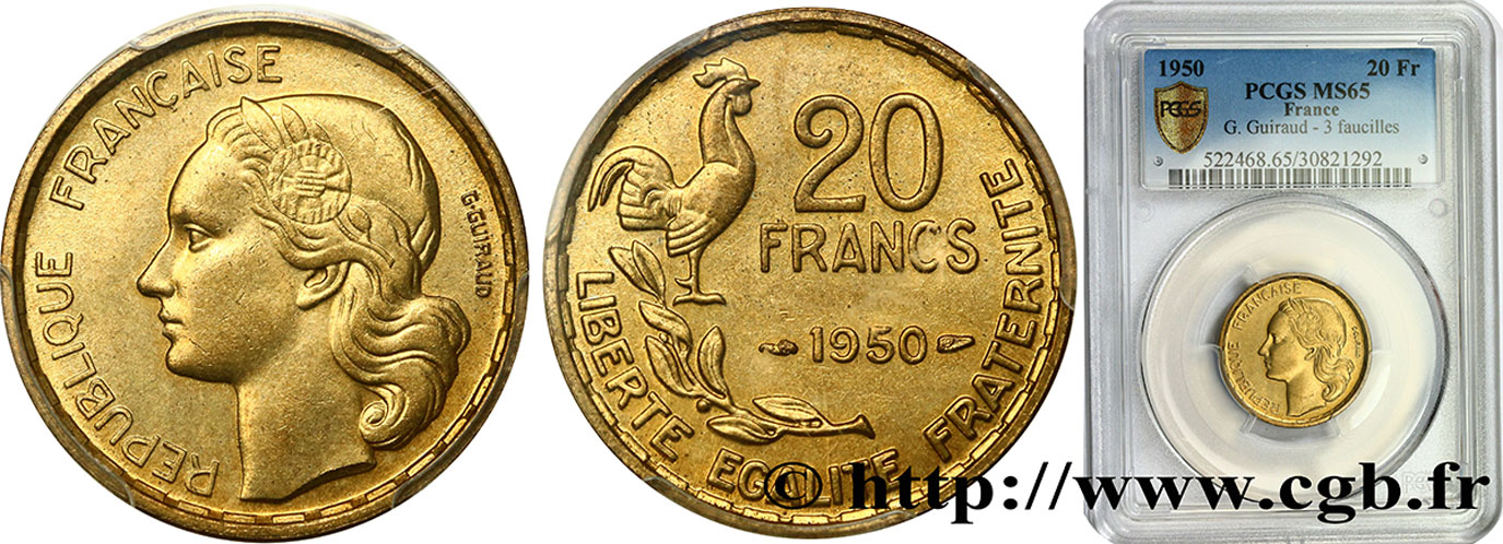 20 francs G. Guiraud, 3 faucilles 1950  F.402/2 FDC65 PCGS