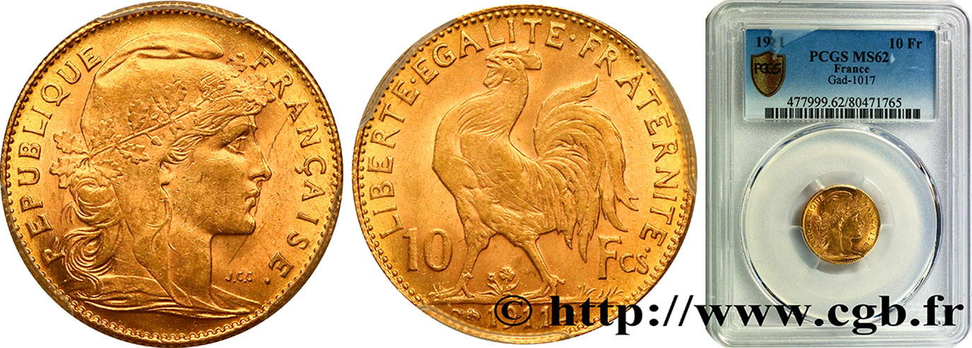 10 francs or Coq 1911 Paris F.509/12 SPL62 PCGS
