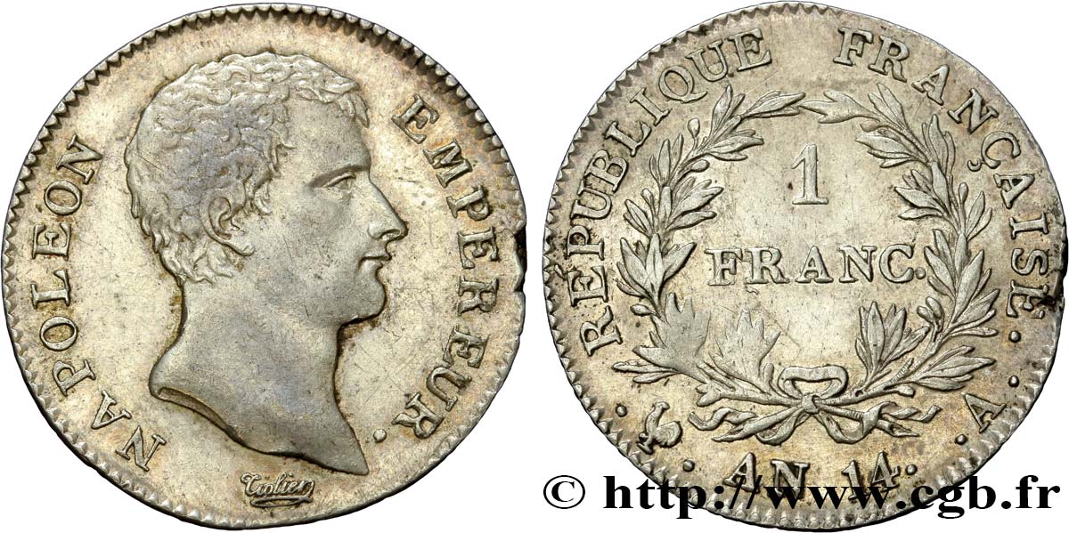 1 franc Napoléon Empereur, Calendrier révolutionnaire 1805 Paris F.201/29 TTB48 