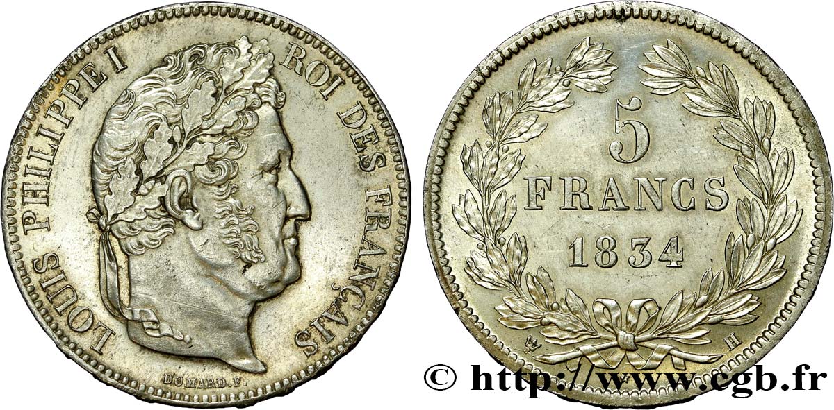 5 francs IIe type Domard 1834 La Rochelle F.324/33 SUP 