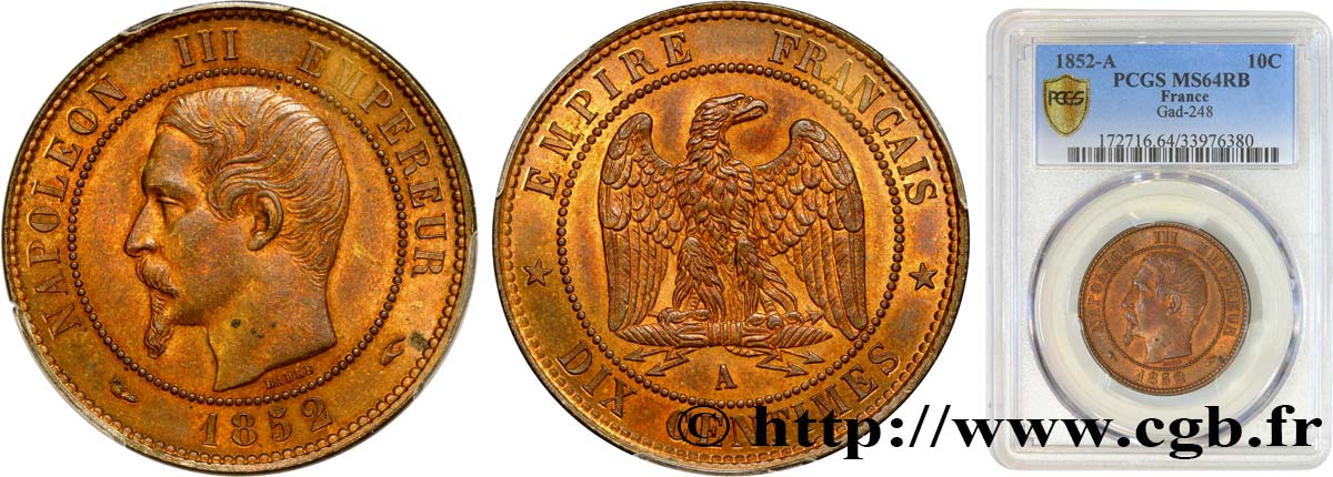 Dix centimes Napoléon III, tête nue 1852 Paris F.133/1 SC64 PCGS
