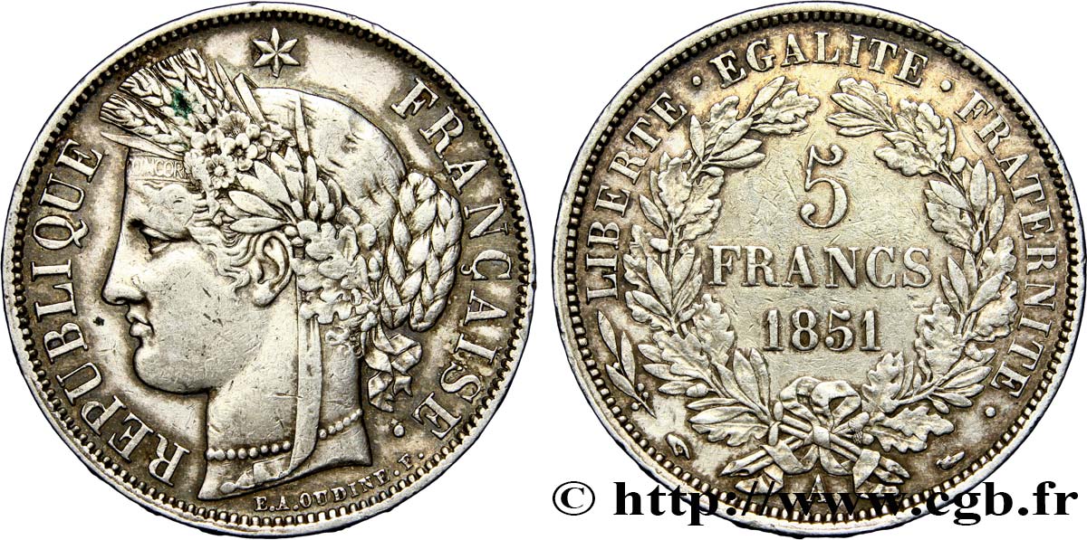5 francs Cérès, IIe République 1851 Paris F.327/7 SS45 