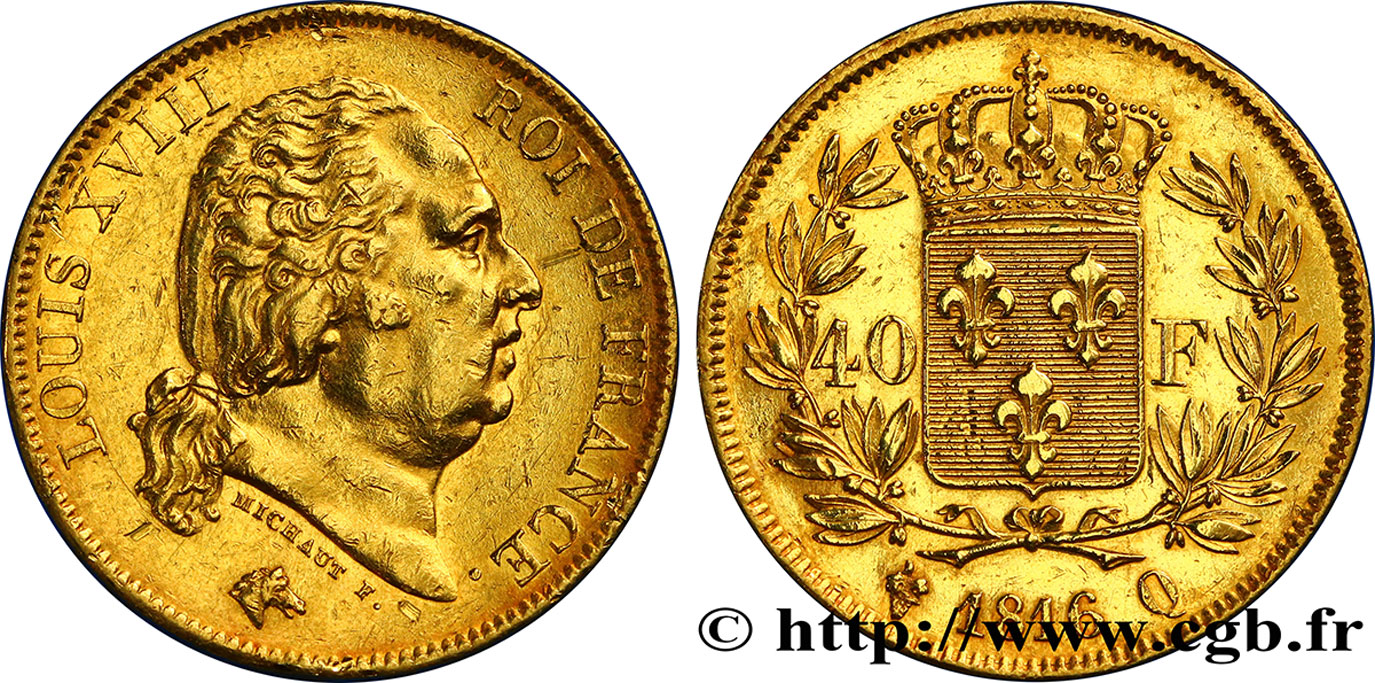 40 francs or Louis XVIII 1816 Perpignan F.542/4 MBC+ 
