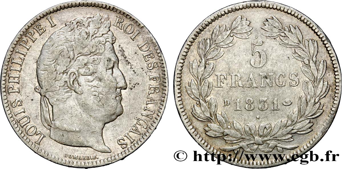 5 francs Ier type Domard, tranche en creux 1831 Lyon F.319/2 MBC40 