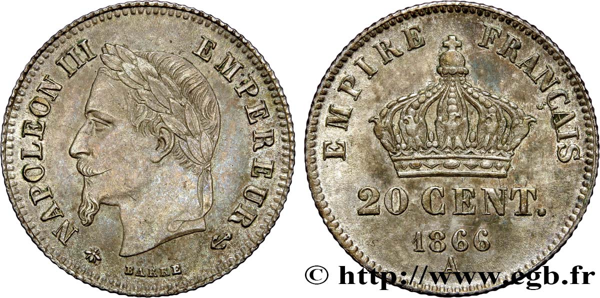 20 centimes Napoléon III, tête laurée, petit module 1866 Paris F.149/4 AU58 