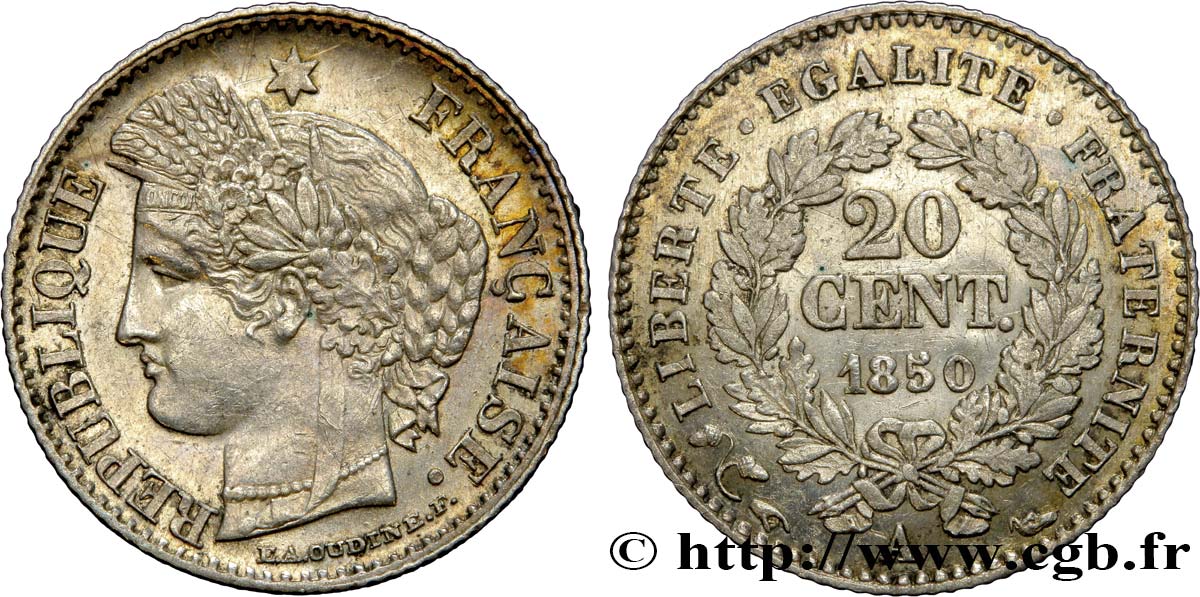 20 centimes Cérès, IIe République 1850 Paris F.146/3 SPL55 