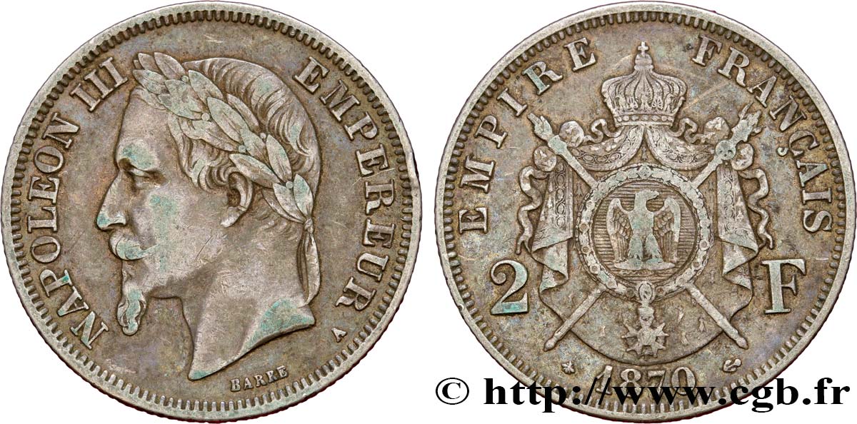 2 francs Napoléon III, tête laurée 1870 Paris F.263/12 MB35 