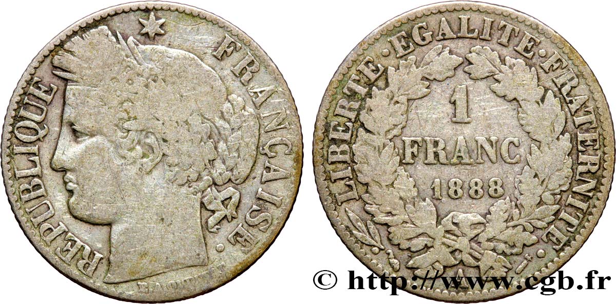 1 franc Cérès, Troisième République 1888 Paris F.216/10 TB15 