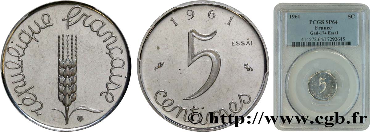 Essai de 5 centimes Épi 1961 Paris F.124/2 SC64 PCGS