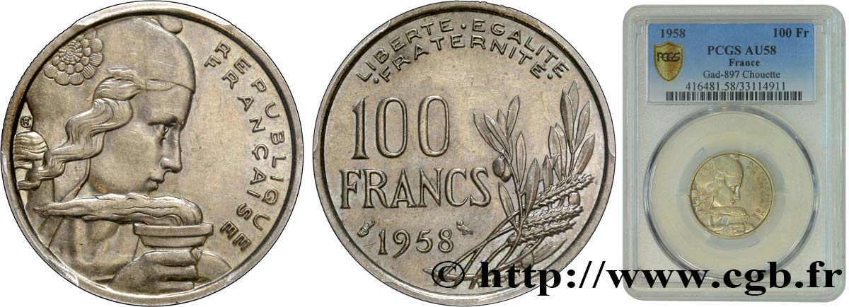 100 francs Cochet, chouette 1958  F.450/13 AU58 PCGS