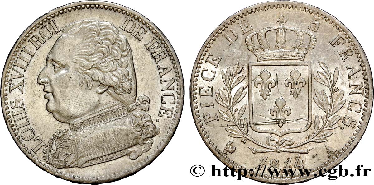 5 francs Louis XVIII, buste habillé 1814 Paris F.308/1 SUP55 