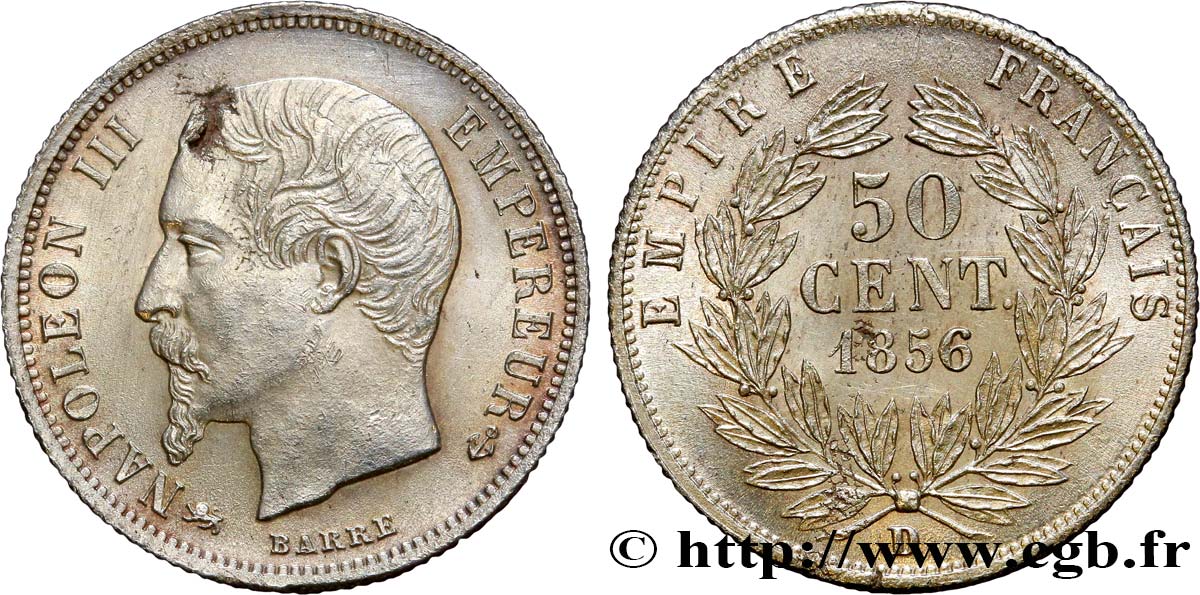 50 centimes Napoléon III, tête nue 1856 Lyon F.187/7 SPL55 