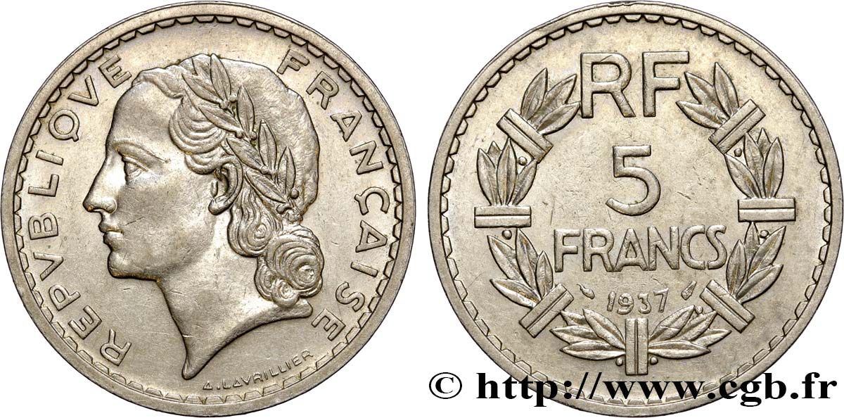 5 francs Lavrillier, nickel 1937  F.336/6 AU52 