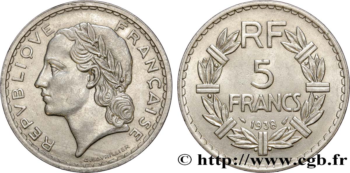 5 francs Lavrillier, nickel 1938  F.336/7 EBC55 