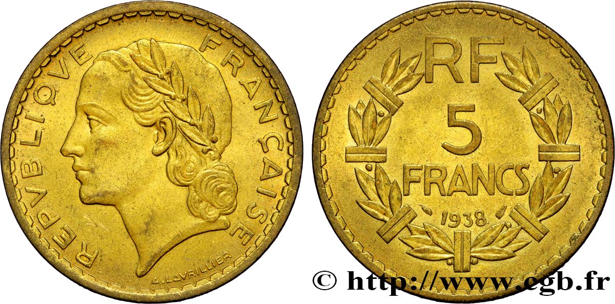 5 francs Lavrillier en bronze-aluminium 1938  F.337/1 VZ60 