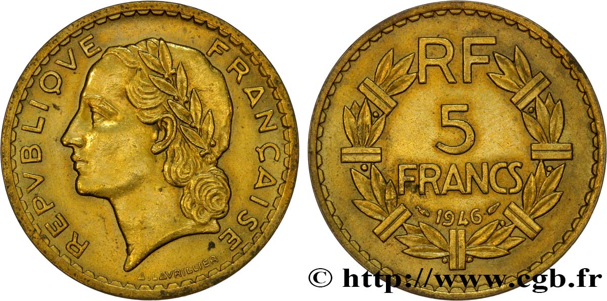 5 francs Lavrillier, bronze-aluminium 1946 Castelsarrasin F.337/8 SS45 