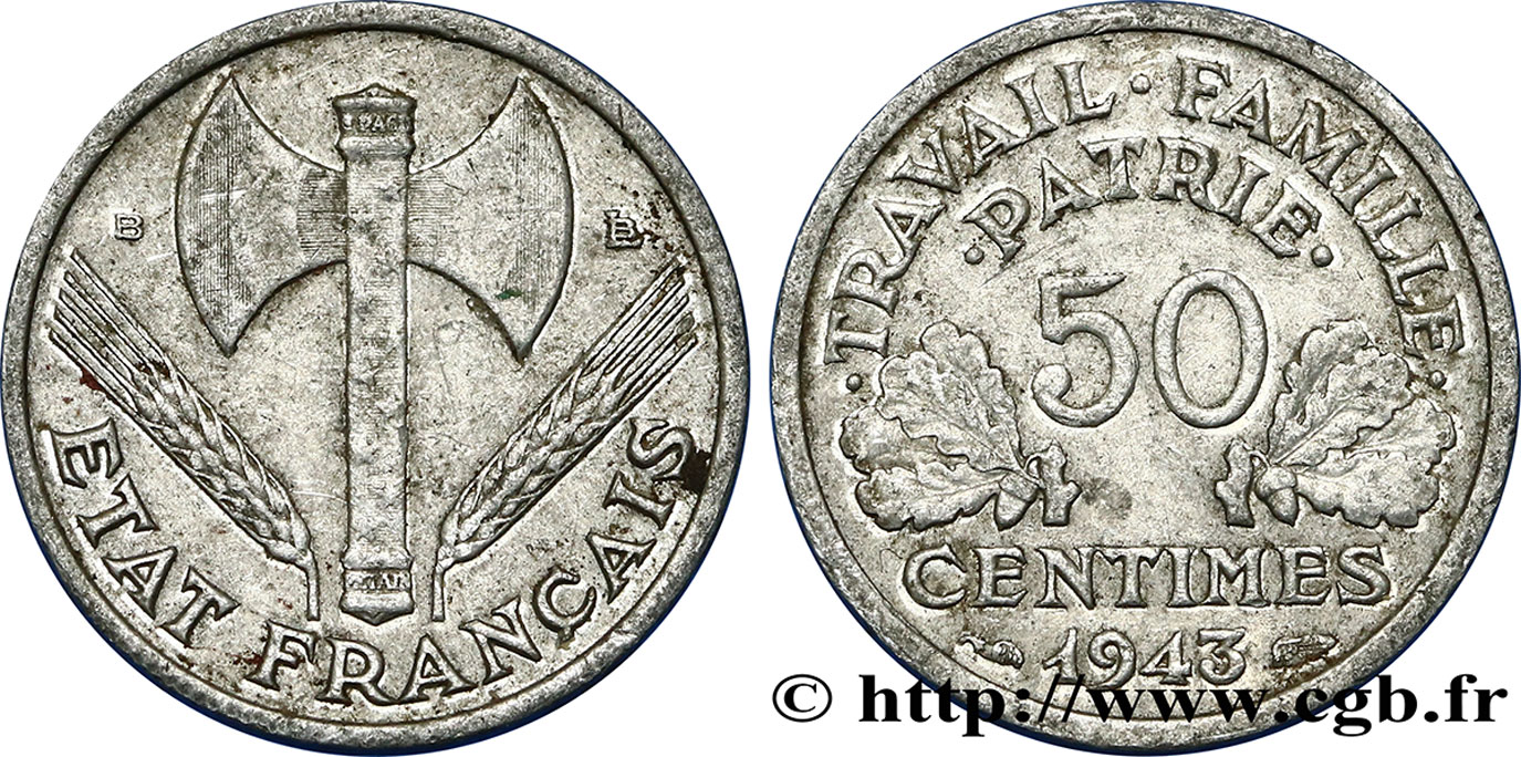50 centimes Francisque, légère 1943 Beaumont-le-Roger F.196/3 VF30 