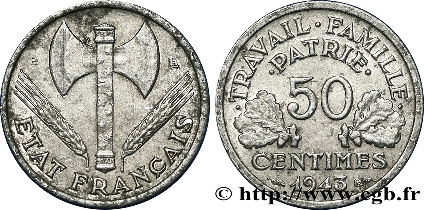 50 centimes Francisque, légère 1943 Beaumont-Le-Roger F.196/3 XF45 