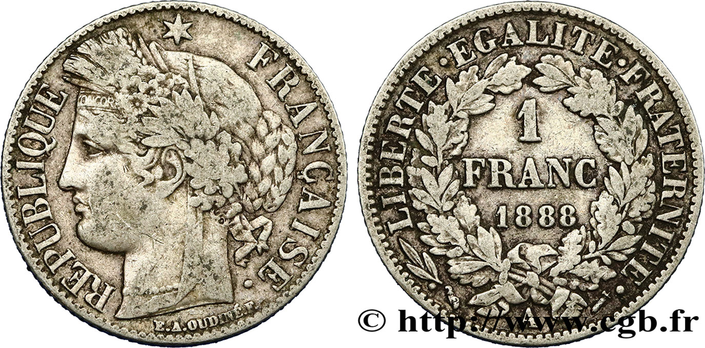 1 franc Cérès, Troisième République 1888 Paris F.216/10 VF25 