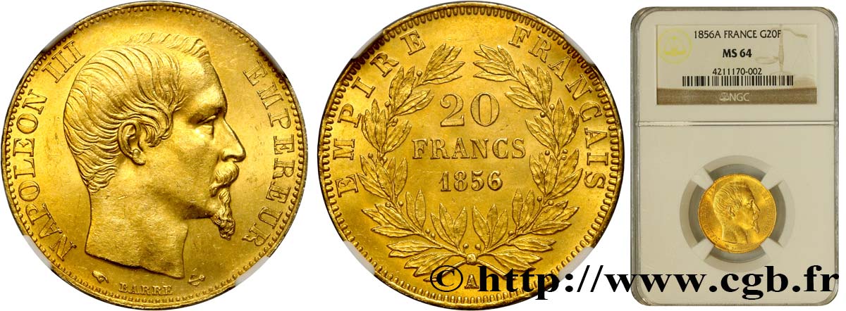 20 francs or Napoléon III, tête nue 1856 Paris F.531/9 MS64 NGC