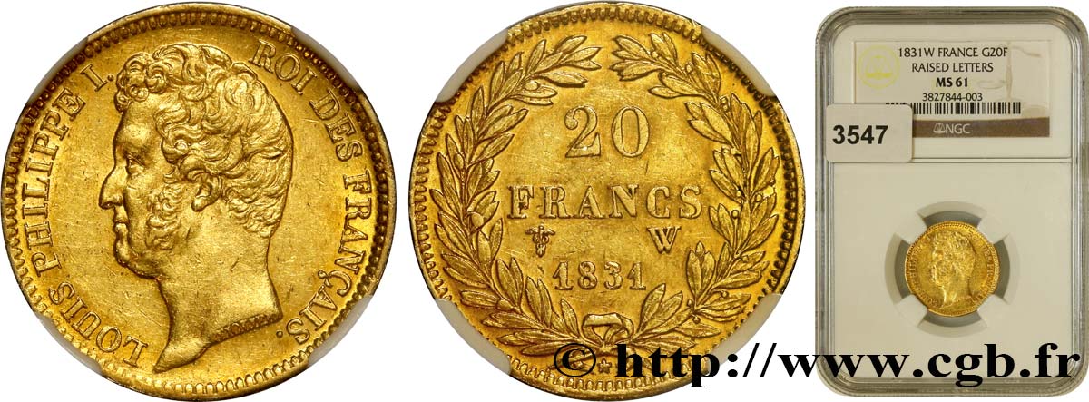 20 francs or Louis-Philippe, Tiolier, tranche inscrite en relief 1831 Lille F.525/5 MS61 NGC