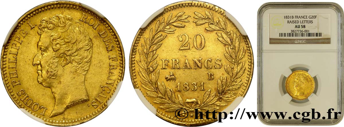 20 francs or Louis-Philippe, Tiolier, tranche inscrite en relief 1831 Rouen F.525/3 EBC58 NGC