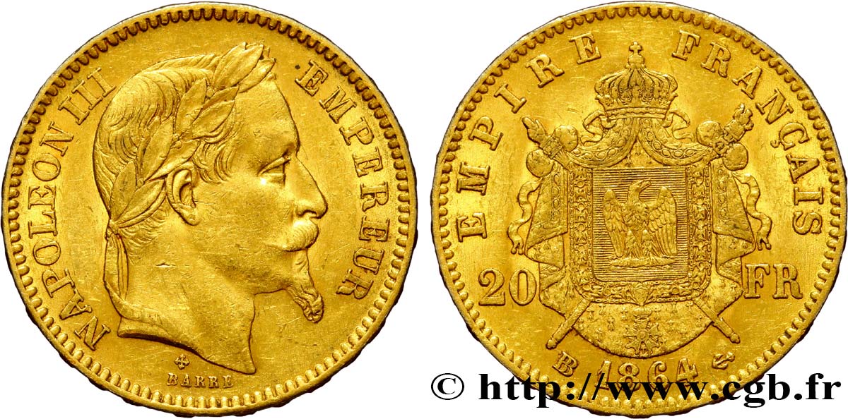 20 francs or Napoléon III, tête laurée 1864 Strasbourg F.532/10 AU52 
