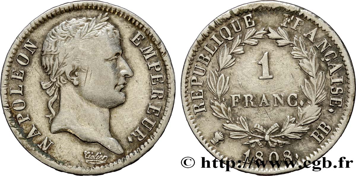 1 franc Napoléon Ier tête laurée, République française 1808 Strasbourg F.204/4 TB35 