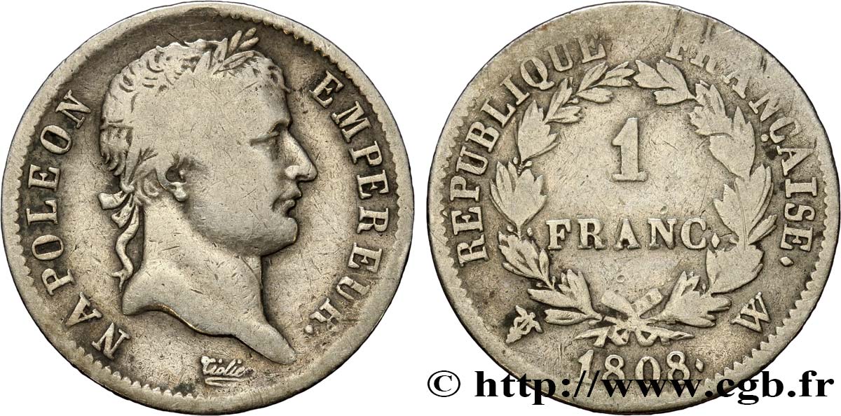 1 franc Napoléon Ier tête laurée, République française 1808 Lille F.204/15 BC20 