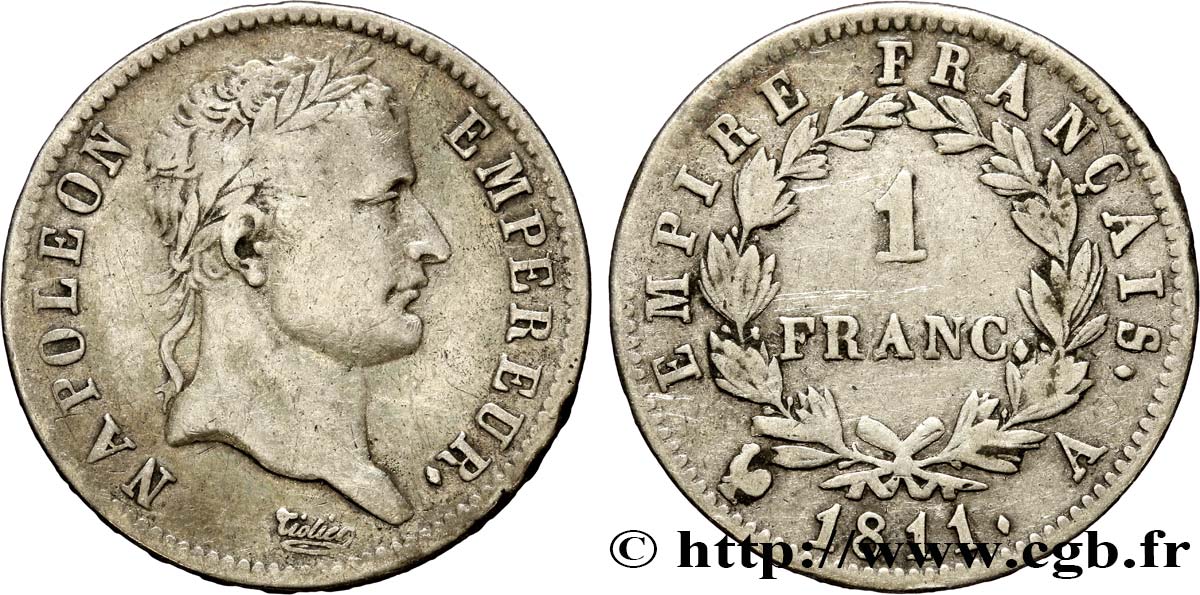 1 franc Napoléon Ier tête laurée, Empire français 1811 Paris F.205/28 VF35 