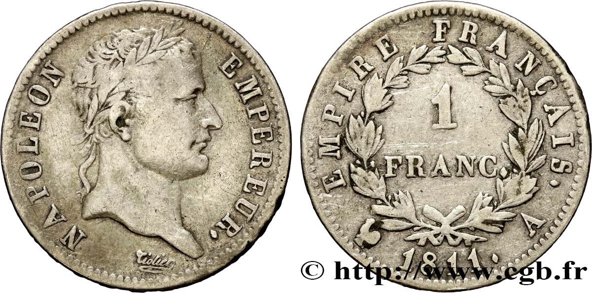 1 franc Napoléon Ier tête laurée, Empire français 1811 Paris F.205/28 BC35 