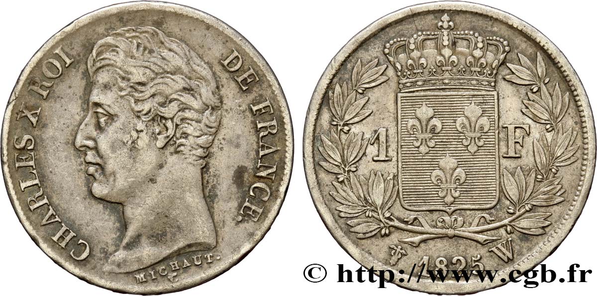 1 franc Charles X, matrice du revers à cinq feuilles 1825 Lille F.207/11 AU50 