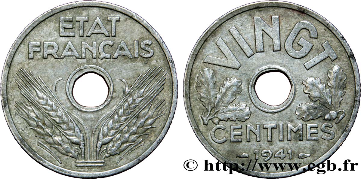 VINGT centimes État français, cannelures larges 1941  F.152/3 TTB48 